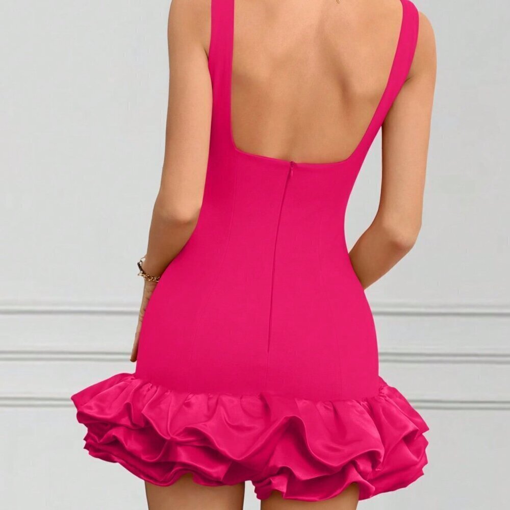 Hot Pink Casual Women's Round Neck Sleeveless Puff Hem Short Dress - Picture 4 of 5